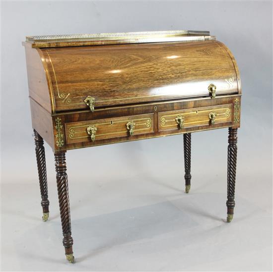 An early Victorian brass inset rosewood cylinder bureau, W.3ft 6in. D.2ft H.3ft 7in.